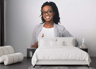 Successful Afro Business Woman Gesturing Thumbs-Up Over White Background Wall mural