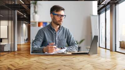 Successful middle aged businessman working at office, sitting at workdesk in front of laptop and taking notes Wall mural