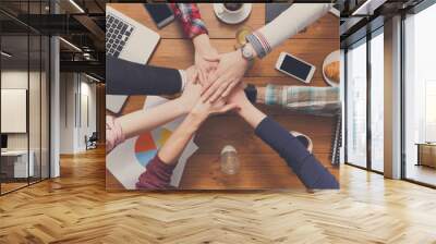 Teamwork and teambuilding concept in office, people connect hands Wall mural