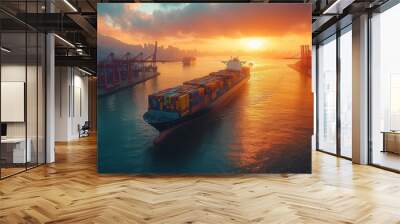 The cargo ship moves through a bustling port at sunset, with colorful containers stacked high. Cranes outline the skyline against a vibrant sky reflecting on the water's surface. Wall mural