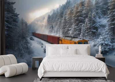 The yellow freight train moves steadily along tracks surrounded by a snow-covered forest. The morning light breaks through fog, illuminating the tranquil winter scene. Wall mural