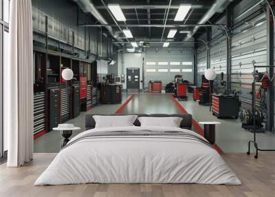 This image shows the interior of a garage with tool cabinets, a red stripe running down the middle of the floor, and a large garage door in the background. Wall mural