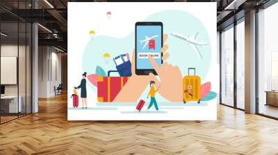 Travel Illustration With Smartphone And Travellers Booking Flights, White Background Wall mural