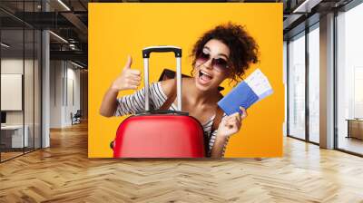 Traveling Abroad, Tourist Showing Thumb Up Over Orange Background Wall mural