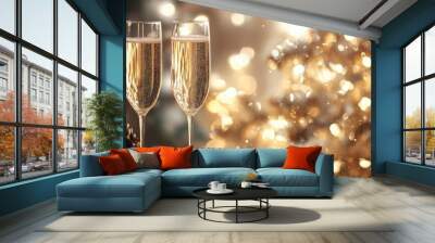 Two elegant champagne glasses sit on a reflective surface, sparkling in the warm glow of holiday lights from a nearby Christmas tree, evoking a festive and romantic atmosphere. Wall mural