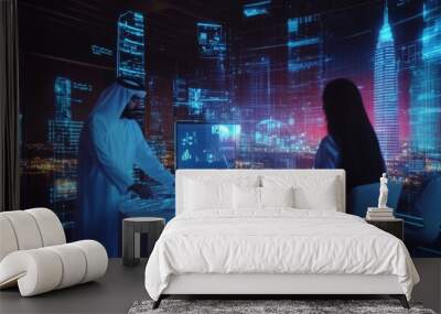 Two professionals engage in a strategic discussion, analyzing digital data projections in a modern workspace. The city lights outside create a vibrant backdrop, enhancing the high-tech atmosphere. Wall mural