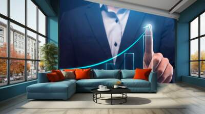 Unrecognizable Businessman Drawing Arrow Upward Over Blue Background, Collage, Cropped Wall mural