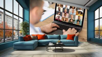 Unrecognizable Businessman Making Video Call On Laptop With Multiethnic Colleagues, Collage Wall mural