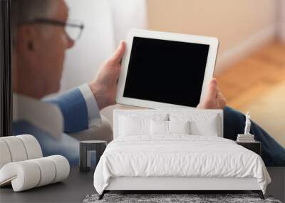 Unrecognizable Elderly Man Using Tablet Sitting At Home, Panorama, Mockup Wall mural