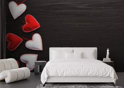 Valentine day background, handmade pillow hearts on wood, copy space Wall mural