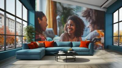 Various women of different ages sitting together in a living room, engaged in conversation and laughter. Wall mural