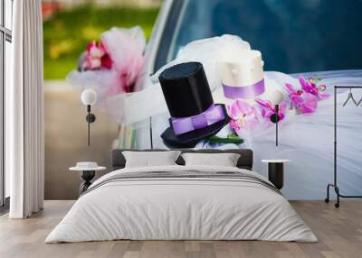 Wedding car decoration with two top hats Wall mural