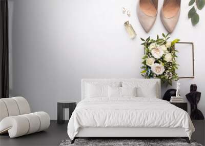 Wedding shoes and accessories on white background Wall mural