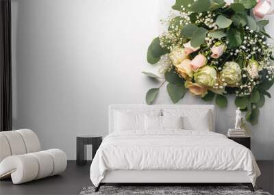 Wedding stylish bouquet of tender cream roses on white Wall mural