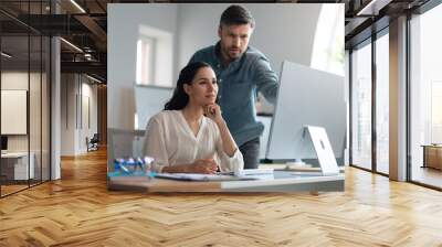 Young female trainee working on computer together with her business mentor at modern company office Wall mural