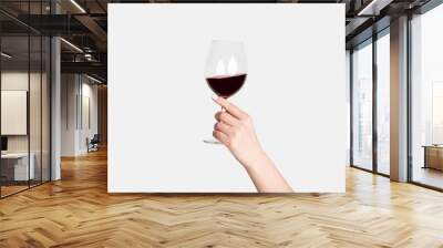 Young girl holding glass of tasty red wine on white background, closeup Wall mural