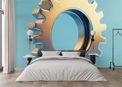 3D Render of a Chrome Gear on Blue Background. Wall mural