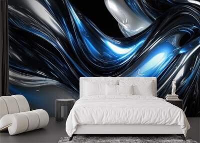 Abstract Blue and Silver Liquid Metal Swirls - 3D Rendered Background Image. Wall mural