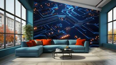 Abstract Circuit Board with Blue and Orange Lights - High Tech Background. Wall mural