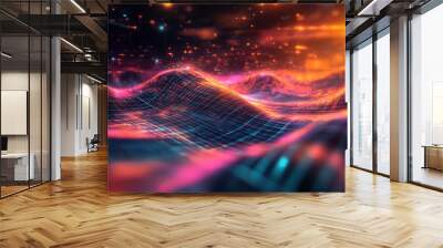 Abstract Digital Landscape with Orange and Blue Glowing Lights, Neon, Cyber, Futuristic, Technology, Grid, Background, 3D Render Wall mural