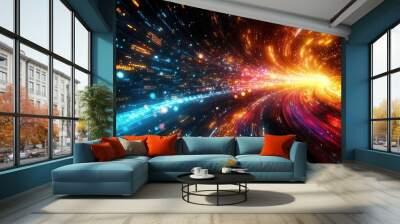 Abstract Digital Tunnel with Blue and Orange Light Streaks - Futuristic Technology Background Wall mural