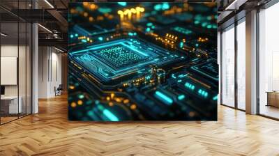 Abstract Futuristic Circuit Board with Glowing Blue and Orange Lights - Technology Background. Wall mural