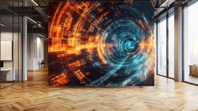 Abstract Futuristic Tunnel with Glowing Lines and Circles - Digital Art Wall mural