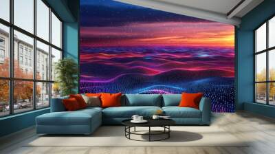 Abstract Neon Lights Landscape with Stars in Night Sky - Digital Art Background. Wall mural