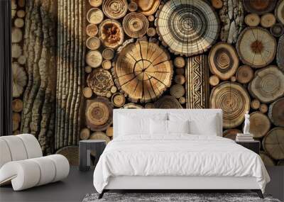 Abstract Wood Texture with Tree Rings and Cross-Sections Natural Background for Design. Wall mural