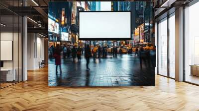 Blank Billboard in Times Square New York City at Night with Blurred People and Traffic Wall mural