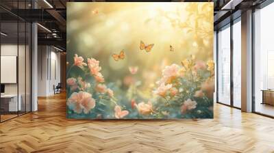 Butterflies Flying Over Pink Flowers in a Garden with Sunbeams Wall mural