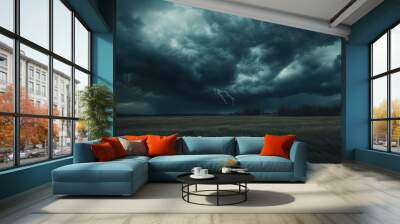 Dramatic Storm Clouds with Lightning Strike Over Field Wall mural