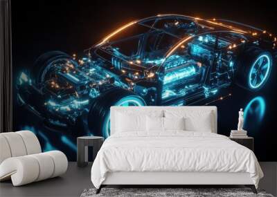 Futuristic Car Render with Glowing Lines and Engine Details. Wall mural