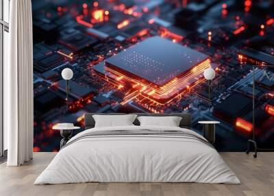 Futuristic Red Glowing Circuit Board with CPU Processor - Abstract Technology Background. Wall mural