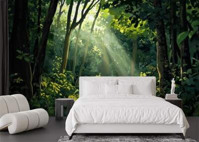 Sunbeams Through Lush Green Forest - A Digital Painting Wall mural