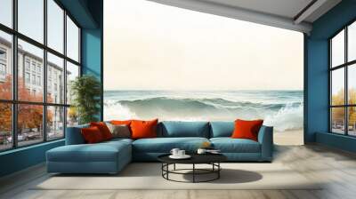 Tranquil Ocean Wave Crashing on Sandy Beach with Soft Light and Sky - Minimalist  Seascape Photography. Wall mural