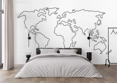 World map. Hand drawn simple stylized continents silhouette in minimal line outline thin shape. Isolated vector illustration Wall mural