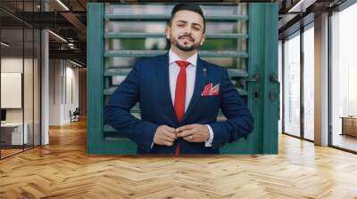 Beautiful bearded turkish man standing by the wall in a blue suit Wall mural