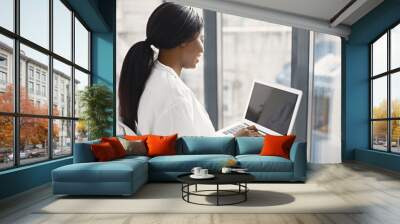 Portrait of female black doctor sitting in her office at clinic and using a laptop Wall mural