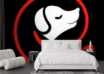 Dog silhouette walking service logo on round from red leash. Happy puppy training icon. Walk pet symbol in black vector illustration. Simple Cartoon animal logotype Wall mural