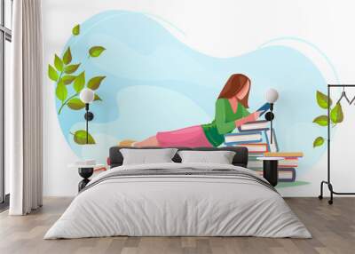 Girl reading, relax on stacks of books in spring background. Love read concept design. Beautiful green summer nature with Flat character. Modern vector card for web design, isolated white background Wall mural