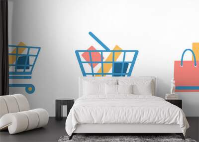 Set of shopping basket, cart, bags with goods flat icons isolated white background. Blue full shop box for website design development. Single simple market object. vector supermarket store elements Wall mural