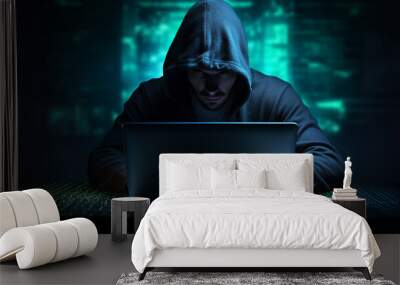 Hacker in the hood, hacker in the darkroom, internet security concept, hacking, online virus infection Wall mural