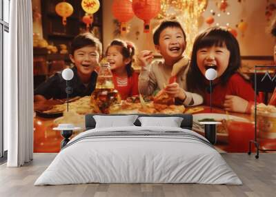 happy Chinese children at the holiday table. Chinese New Year Wall mural