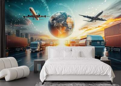 logistics and transportation concept: trucks on the highway and planes in the sky orbiting around a large globe in the center. Global trade activity Wall mural