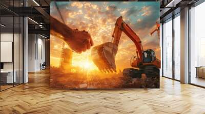 man's fist aligns with an excavator's bucket at a construction site. Wall mural