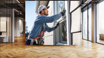 Man installs a window in a house Wall mural