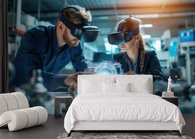 two people wearing virtual reality headsets interact with a digital interface in a high-tech workspace. Wall mural