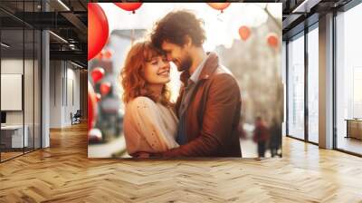 Valentine's day or March 8 holiday. Young couple embracing Wall mural