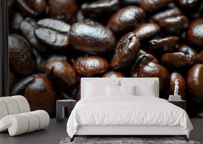 Close up of group black coffee beans. Strong black espresso, Grains of coffee background, texture Wall mural